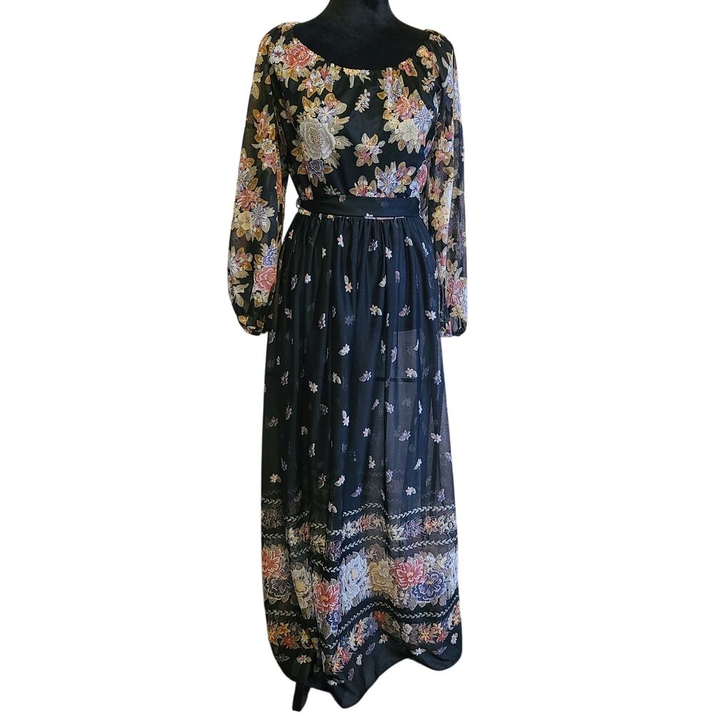 VTG 70s Chiffon Dark Floral Boho Maxi Dress Womens Approx M Sheer Retro Cottage